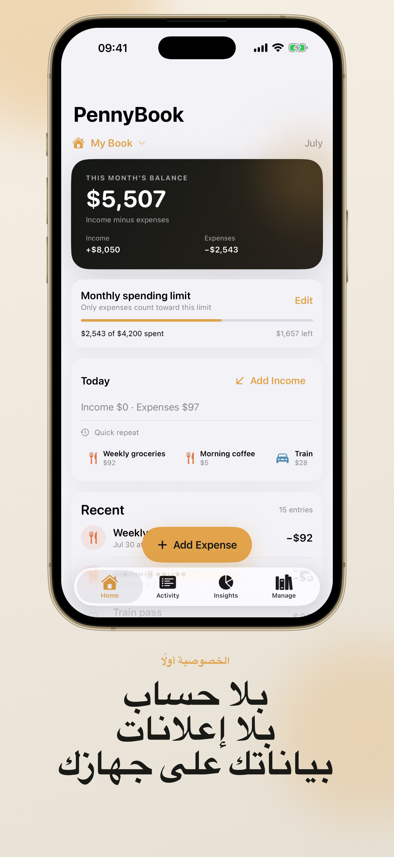 إعدادات PennyBook: Private Budget مع خيارات تركز على الخصوصية
