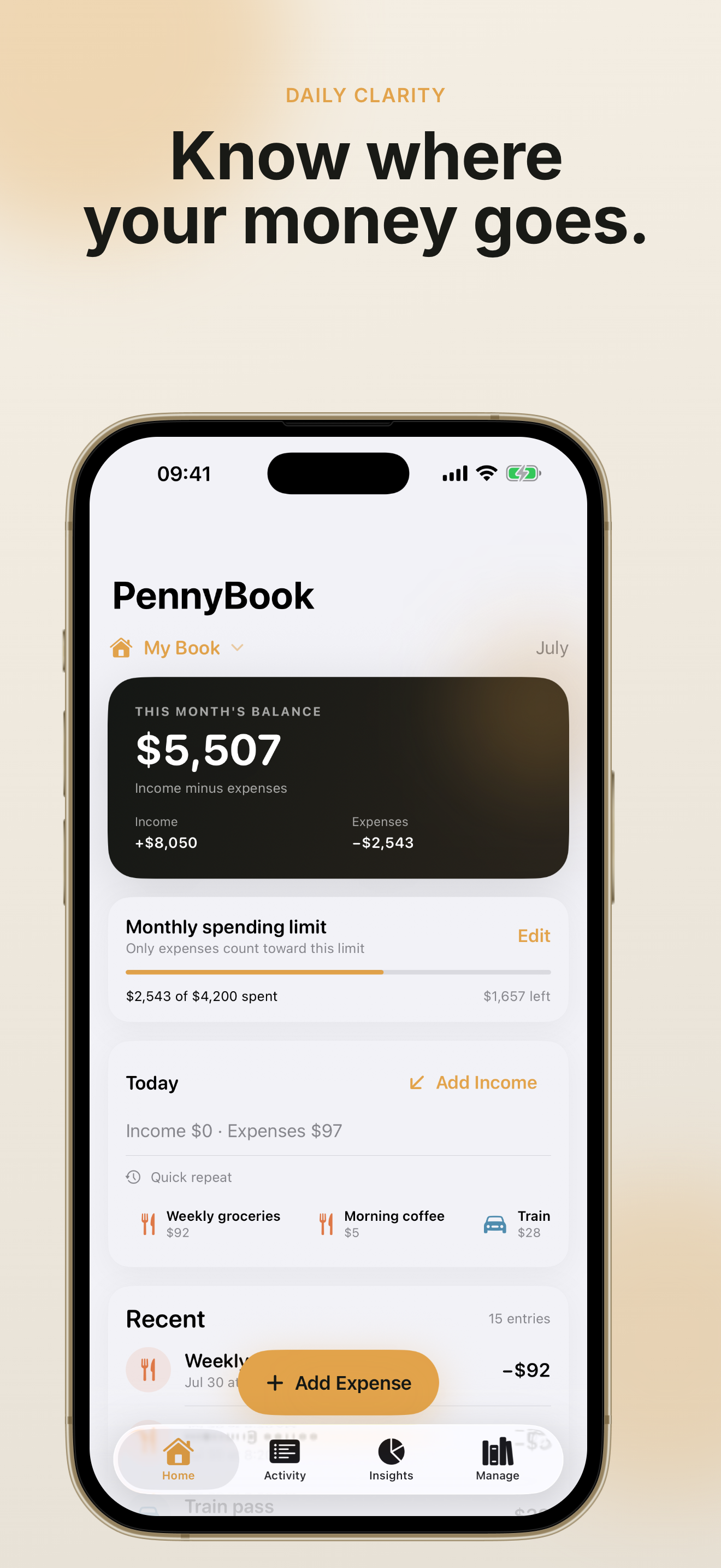 PennyBook: Private Budget home screen showing monthly budget and safe-to-spend today