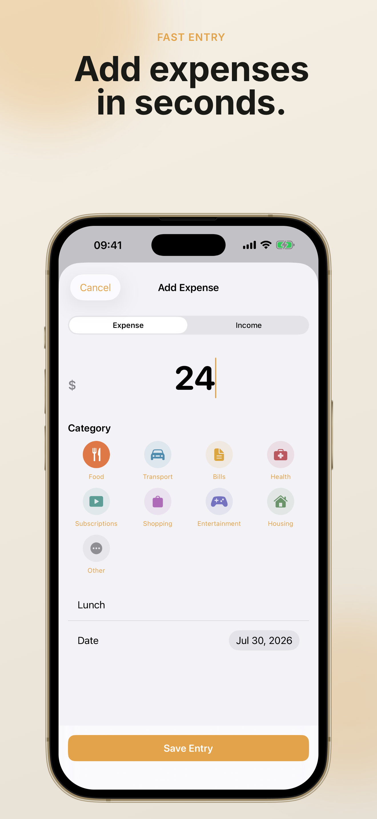 Quick expense entry in PennyBook: Private Budget with custom categories