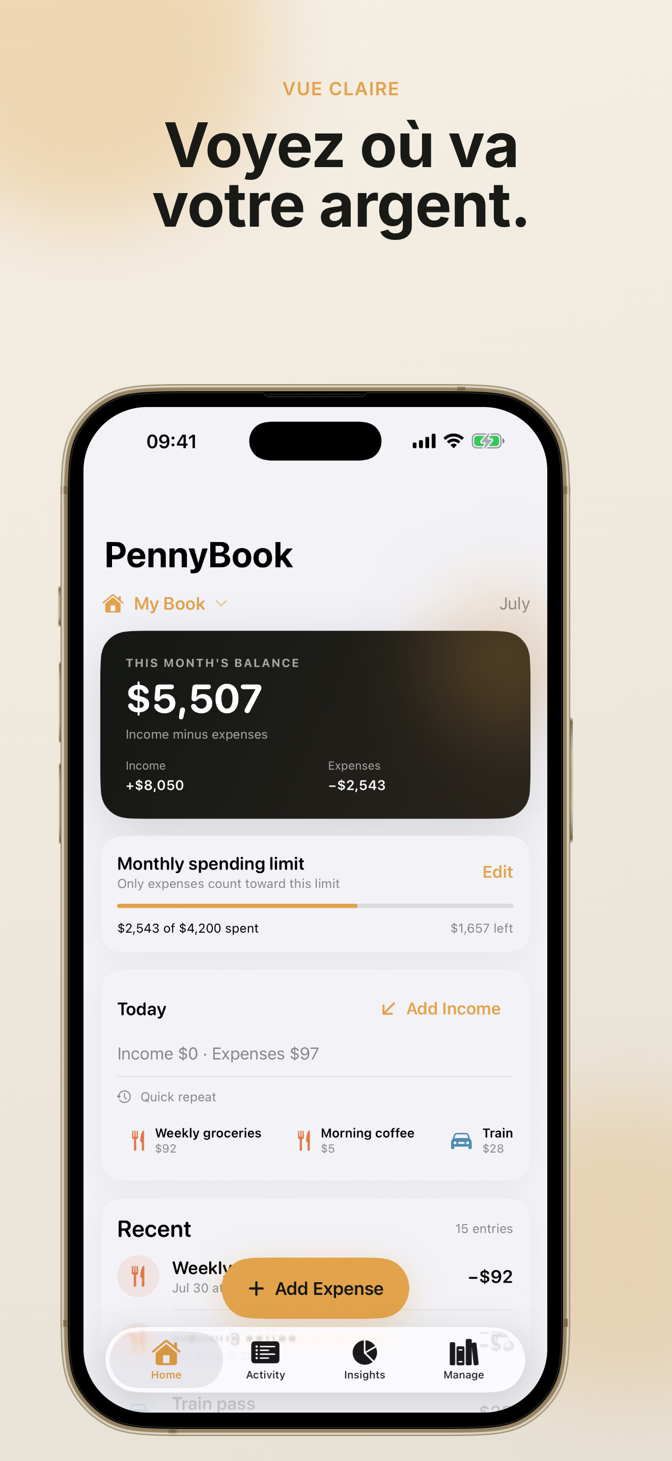 Écran d'accueil PennyBook: Private Budget montrant le budget mensuel et le montant sûr à dépenser aujourd'hui