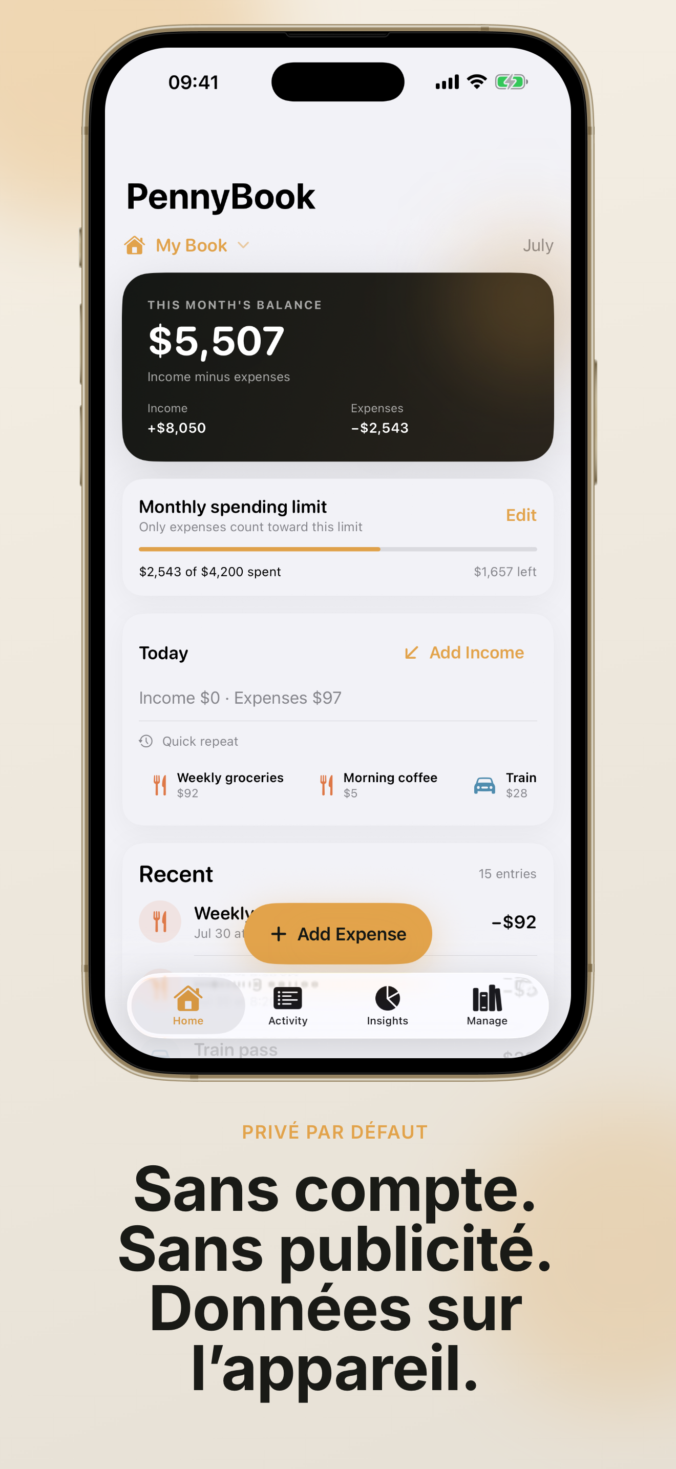 Réglages PennyBook: Private Budget avec options respectueuses de la vie privée