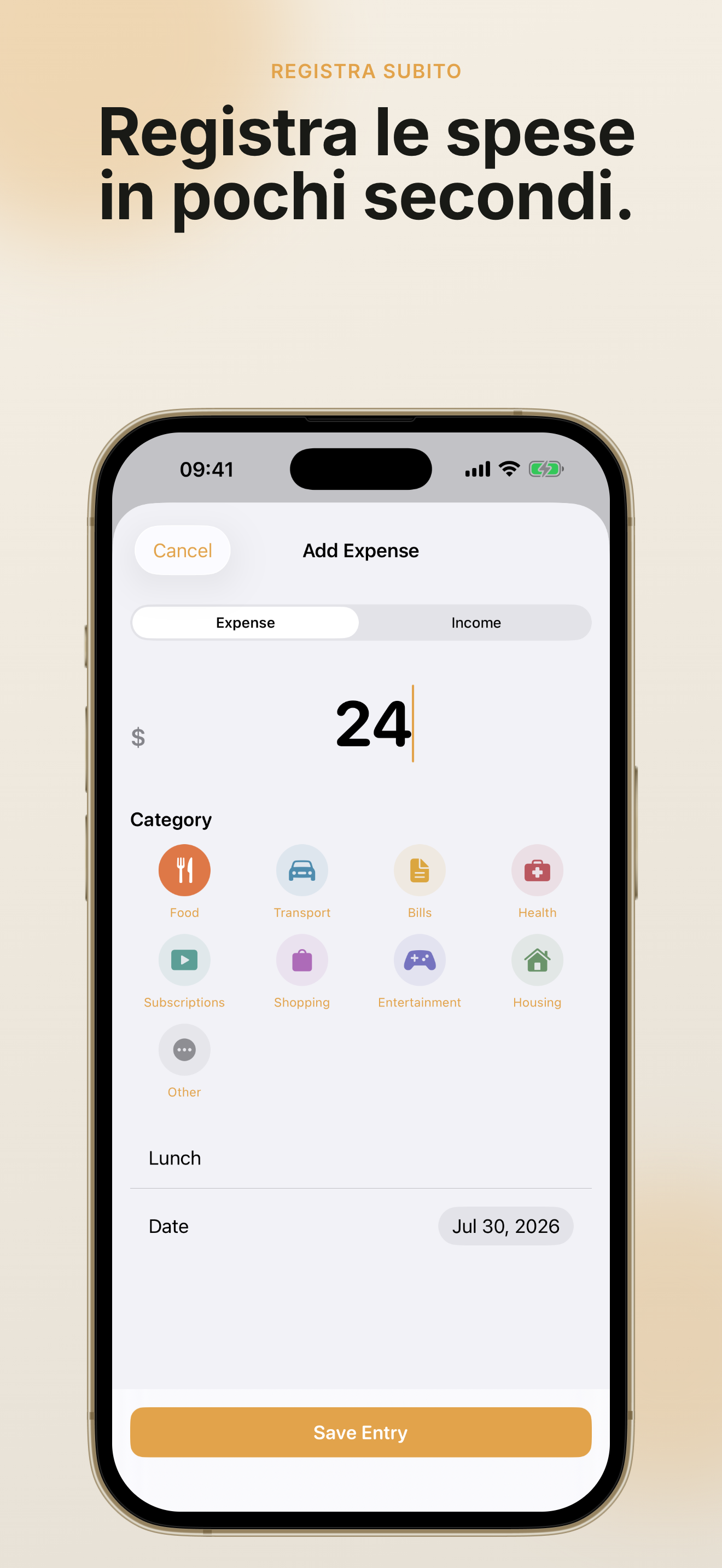 Inserimento rapido di spesa in PennyBook: Private Budget con categorie personalizzate